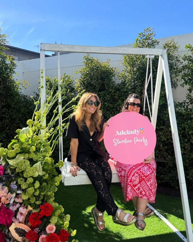A sunny afternoon at @hotelalbaadelaide for the @adelady Slumber Party, featuring our white swing chair and a whole lot of good vibes ☀️