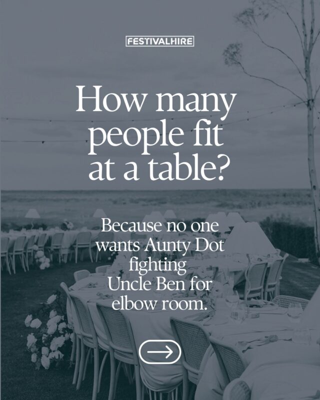 How many people actually fit at a table? 🤔It’s a common question we get, and while you can always try to squeeze in “just one more”, your guests might not thank you for it!The right number depends on the size and style of table, but we always recommend allowing enough room for everyone to sit, eat and enjoy themselves comfortably.And those seats on the ends of trestle tables? Technically possible… but usually a little too cosy for our liking. 😬Swipe through for our recommended seating numbers and take the guesswork out of your table plan.#FestivalHire #EventHire #EventPlanning #WeddingPlanning #AdelaideEvents #SouthAustralianEvents